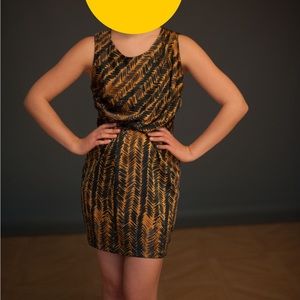 eight sixty Mini Dress, Gold and Blue, Waist Gathering, Medium